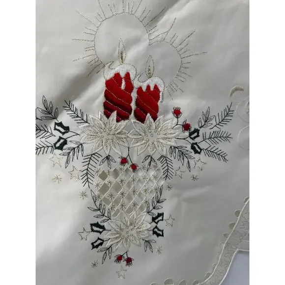 Vintage Christmas table cloth with stitched candles off white 34x34